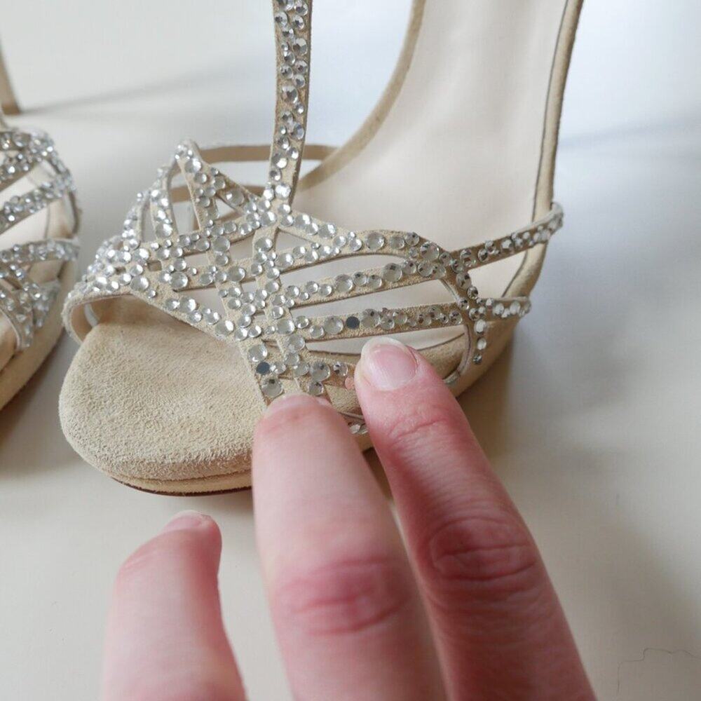 Grey Mer Italy Crystal Heels made in Italy Strappy Sandals suede 8.5 9 - Picture 5 of 11